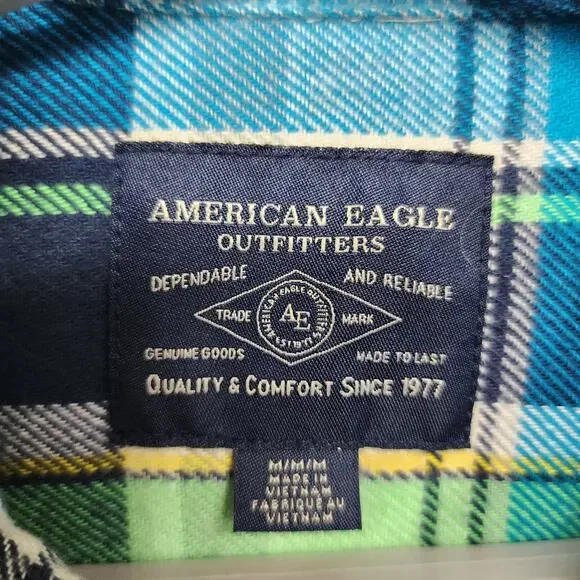 American Eagle Outfitters Men’s Medium Flannel Button Up Shirt Blue Plaid Cotton - Picture 14 of 16